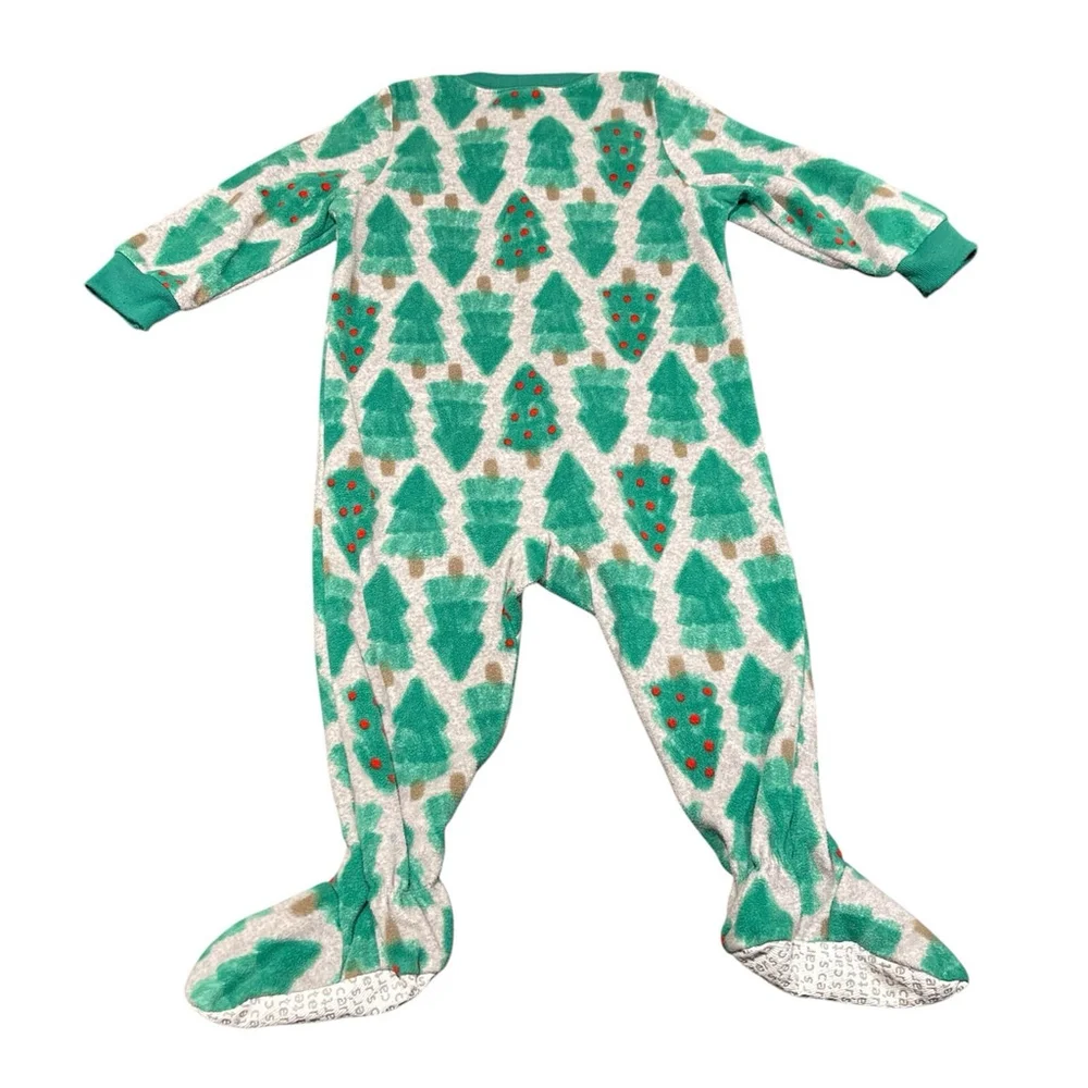Carter's Christmas Tree Print Fleece One Piece Pajama Zip Footed Green 18 Months